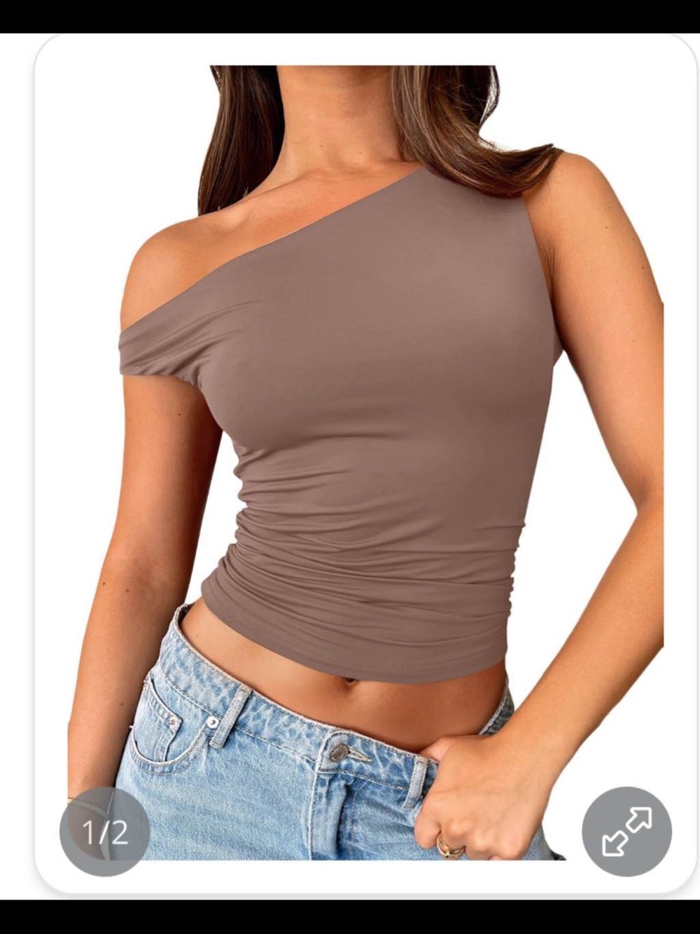 One-Shoulder Ruched Crop Top - Brown